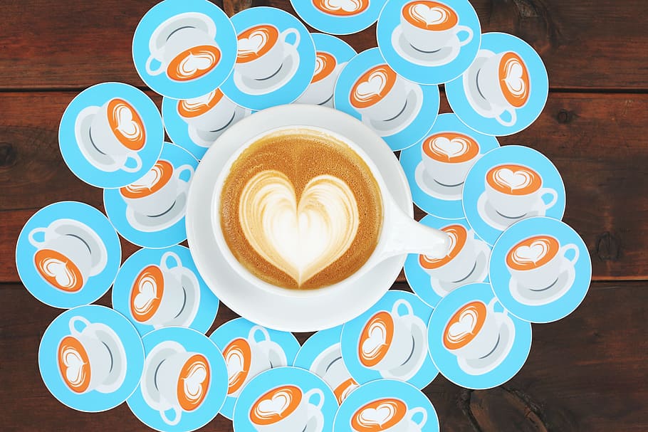 heart, art, coffee, cup, fashion, wooden, table, plate, mat, latte