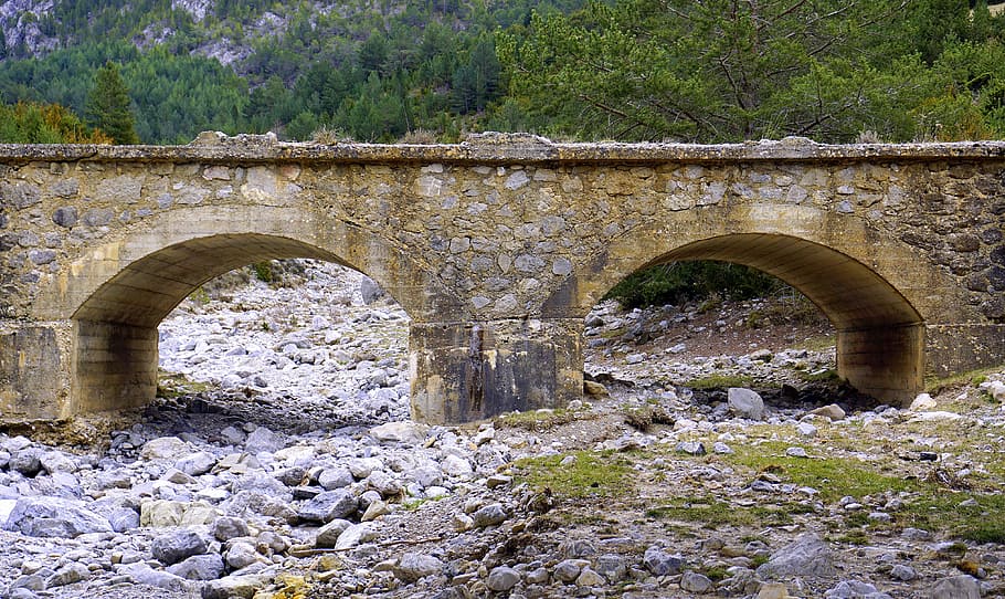 bridge, dry, river, old bridge, dry torrent, stones, river bed, rocks, textures, forms