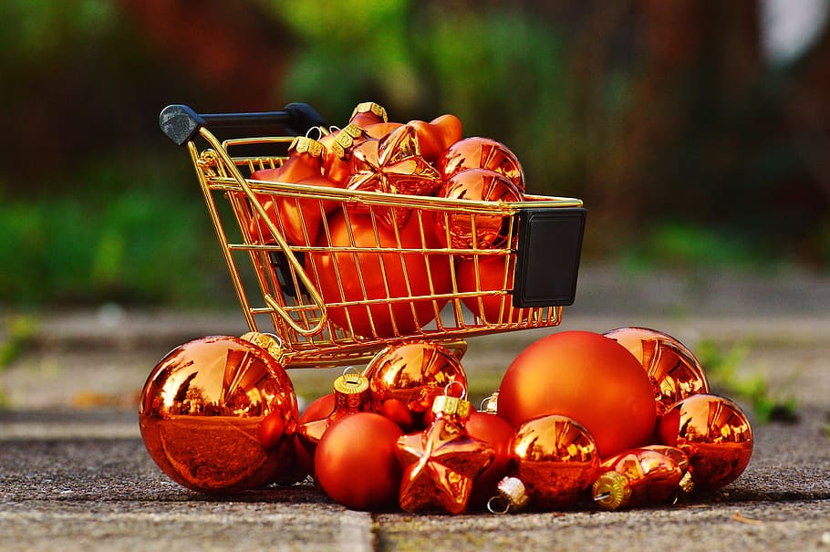 christmas shopping, shopping cart, christbaumkugeln, christmas, business, transport, metal, purchasing, shopping, online
