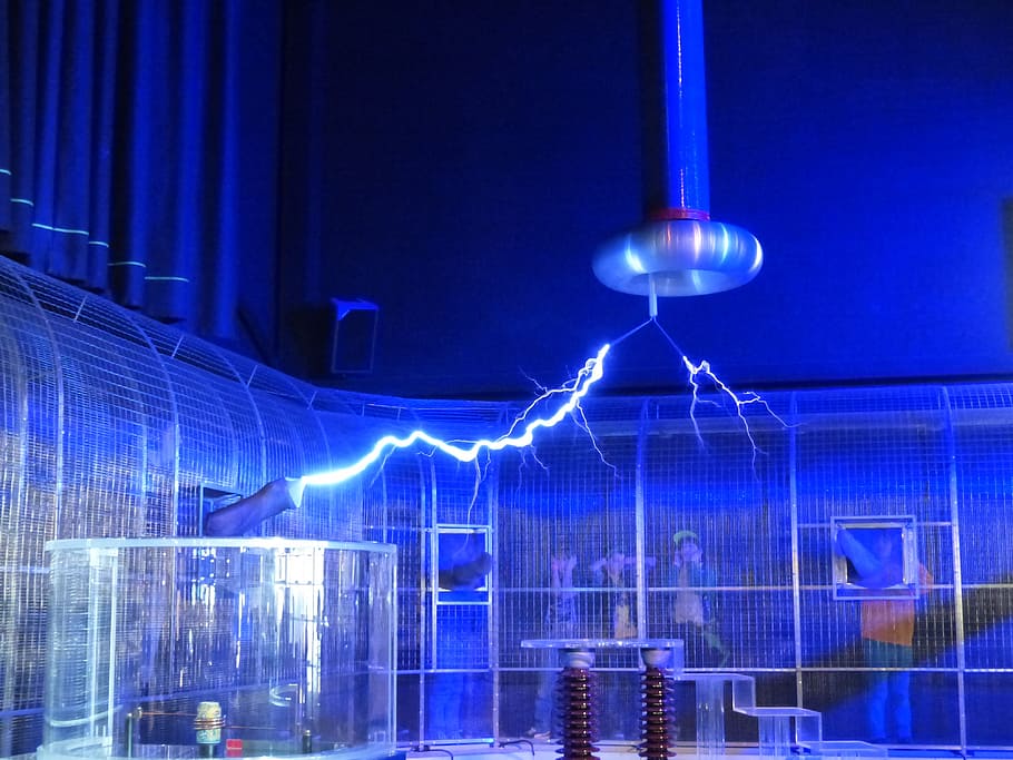 photography, electricity, inside, building, Flash, Tesla Coil, Experiment, faradayscher cage, faraday cage, electric shielding