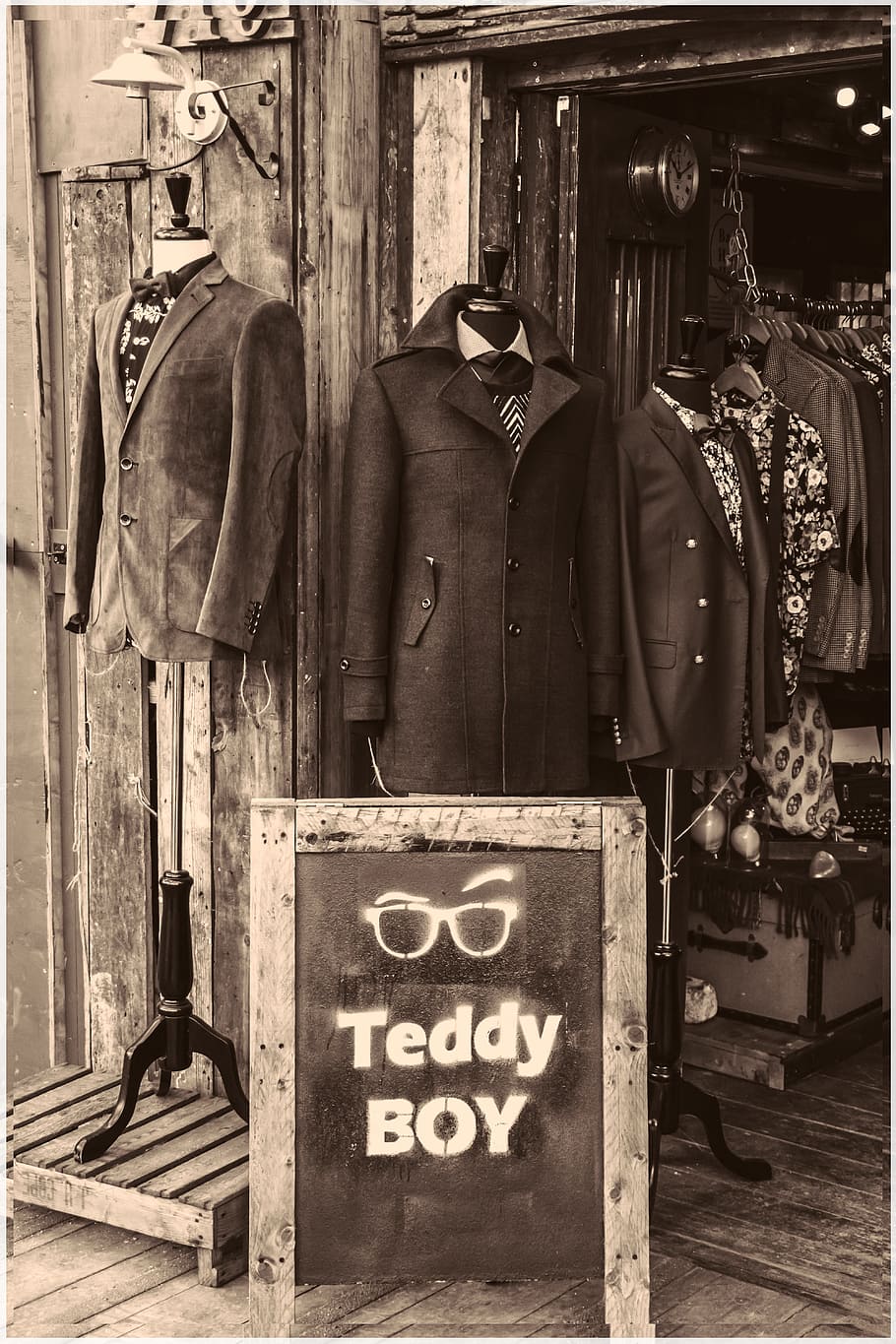 black coat lot, london, teddy boy, camden town, suits, mannequins, male, business, black, shirt