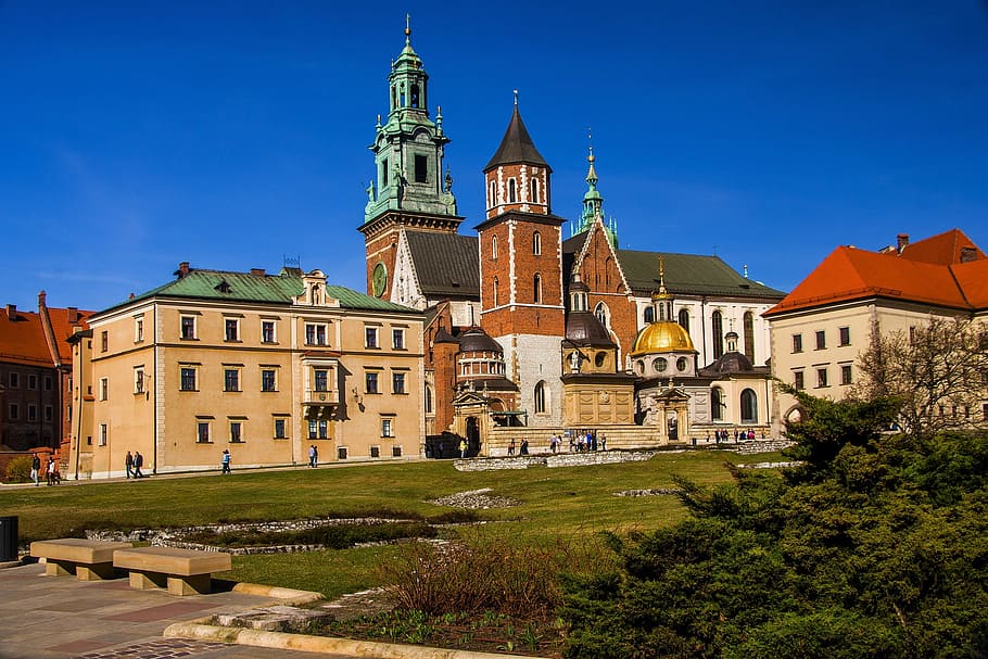 marrón, hormigón, edificio, claro, azul, cielo, Cracovia, Wawel, Polonia, Monumento