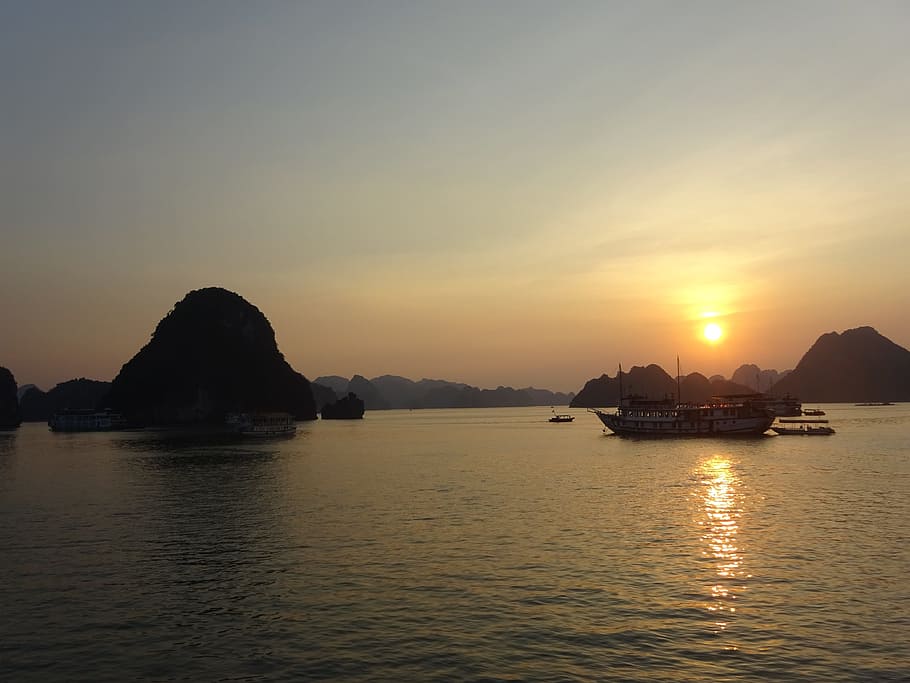 vietnam, ha long bay, sunset, a boat journey, sky, scenics - nature, waterfront, water, beauty in nature, sea