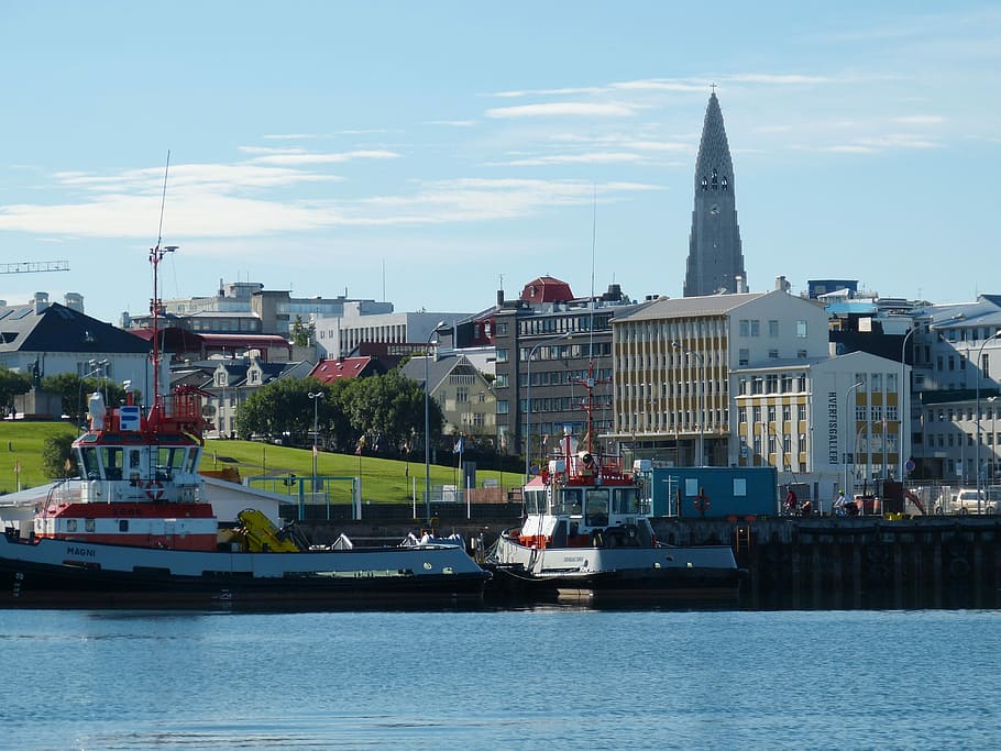 Iceland, Reykjavik, Church, Port, hallgrímskirkja, panorama, sea, harbor, nautical Vessel, uK