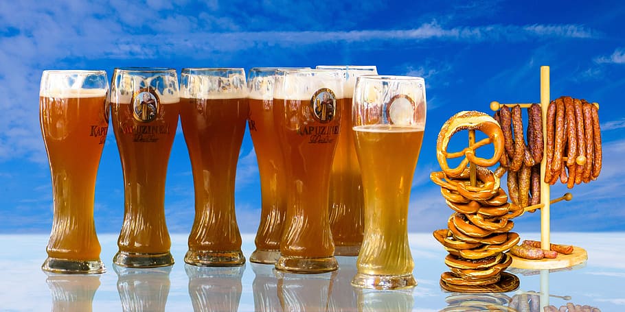 several pilsner glasses, eat, drink, beer, beer glass, wheat beer, wheat, barley juice, breze, sausage