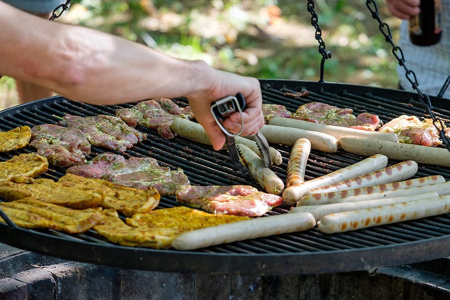 barbecue, grill, grilling, meat, sausage, food, food and drink, human hand, preparation, freshness