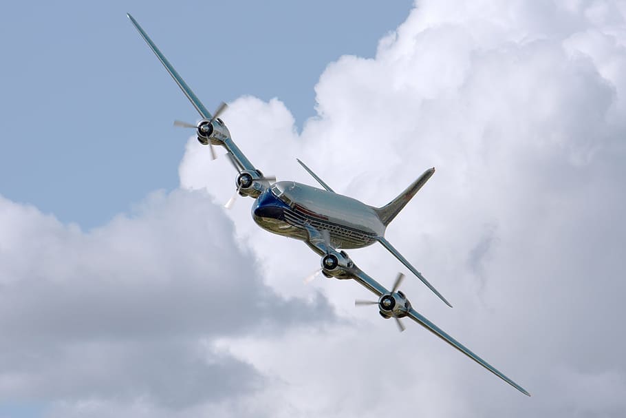 avión de línea gris, avión, transporte, aviación, avión de línea, nube, aerolínea, ala, dc-6, vuelo