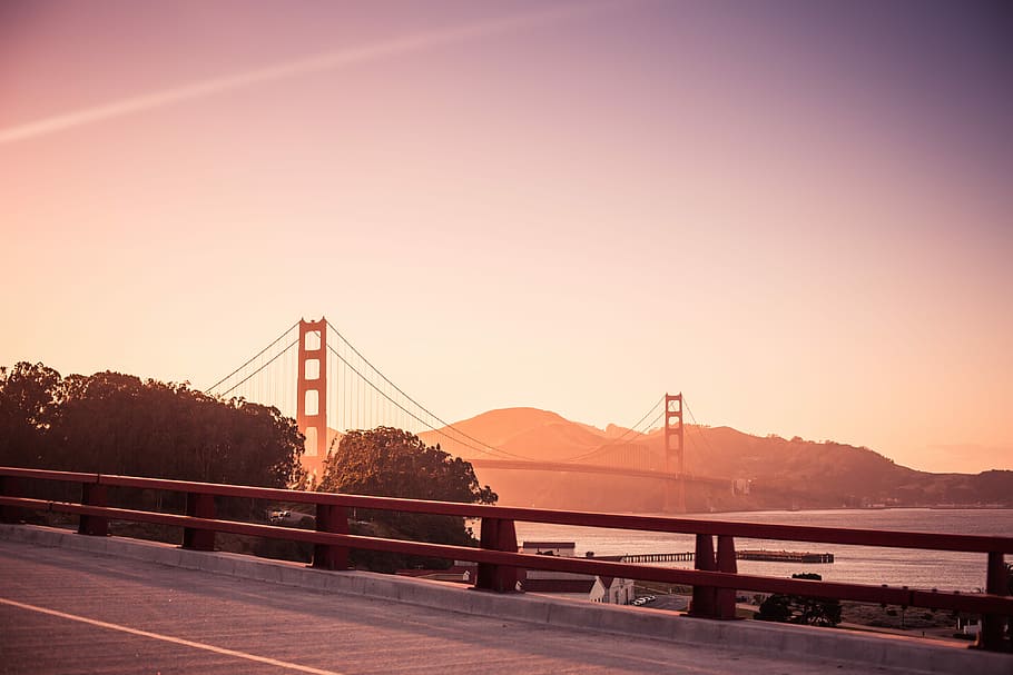 impresionante, dorado, puente de la puerta, puesta de sol de la tarde, puente Golden Gate, noche, puesta de sol, arquitectura, puente, california