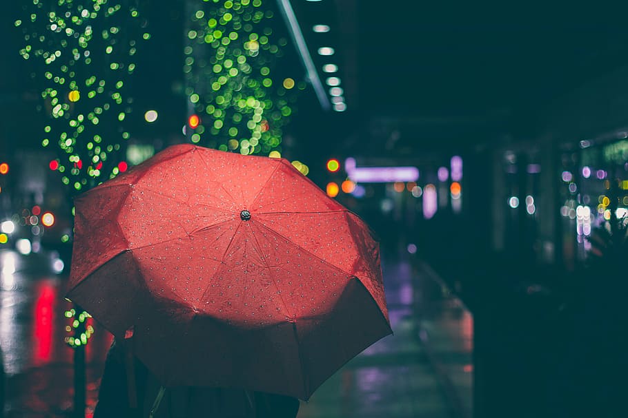 person, red, umbrella, nighttime, holding, boke, lights, raining, night, dark