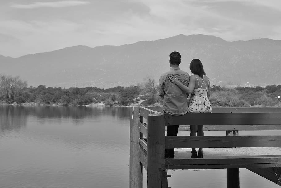couple, sitting, fence, body, water, romantic, relationship, couple in love, dating, dock