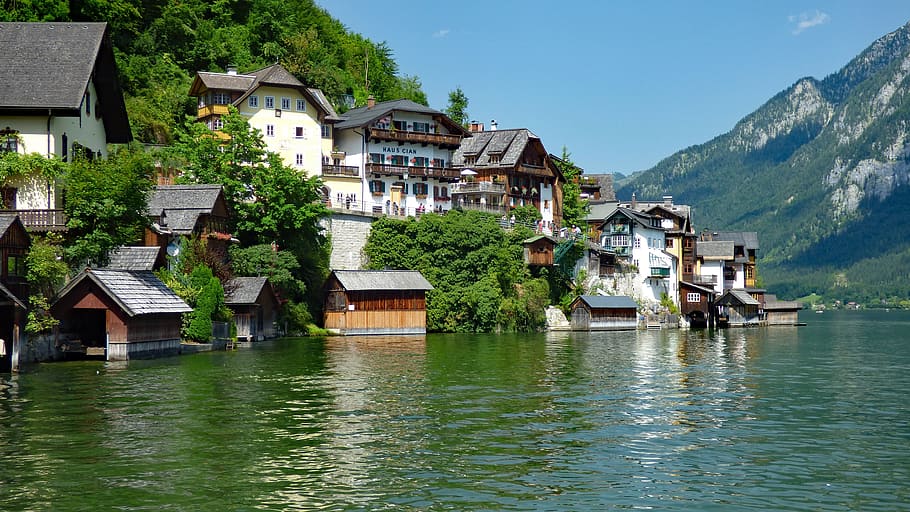 hallstatt, austria, lake, alps, alpine, architecture, water, building, mountain, house