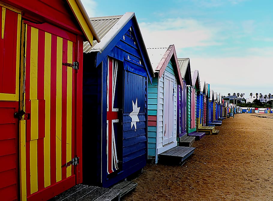 Bathing, Boxes, Brighton, Aust, aligned assorted-color houses, architecture, built structure, multi colored, beach hut, building exterior