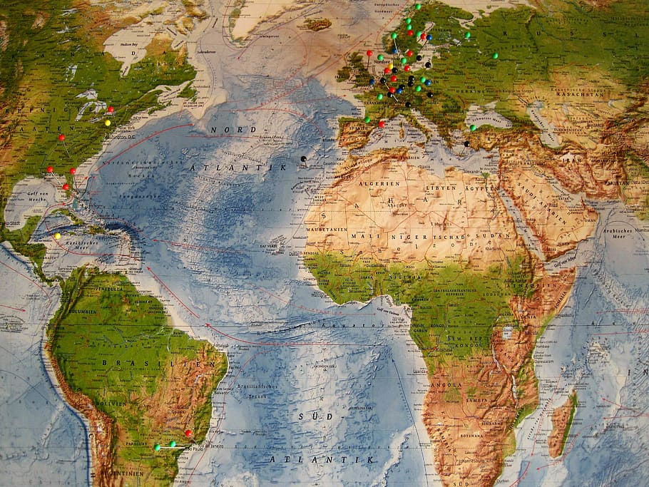 world map, close up, blue, green, brown, map of the world, destinations, country, map, tags, pins