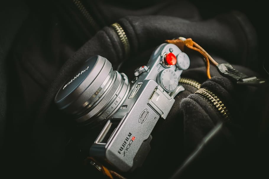cinza, preto, câmera Fujifilm SLR, foto, DSLR, câmera, lente, Fujifilm, equipamento, zíper