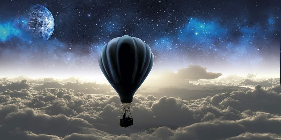 blue, hot, air balloon, sky, travel, outer space, outdoors, adventures, geographical exploration, high
