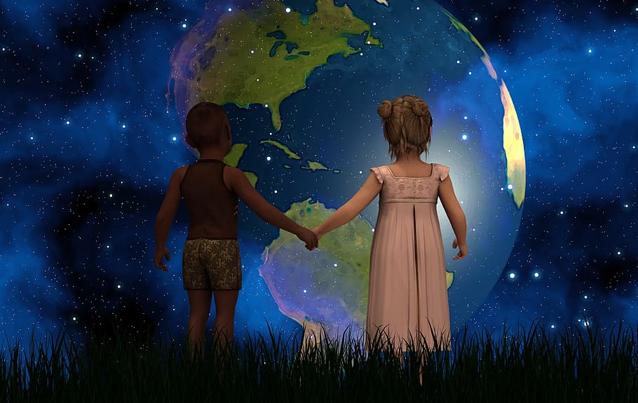 two, toddlers, hold, hands, facing, earth illustration, nighttime, children, forward, america
