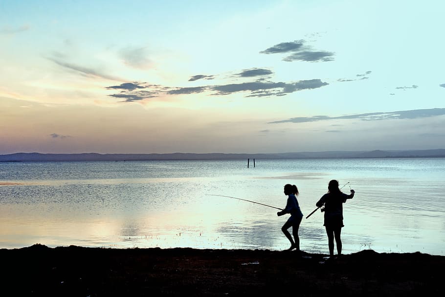 Fishing, Lake, Children, fishing, lake, silhouette, two people, beach, water, sea, sky