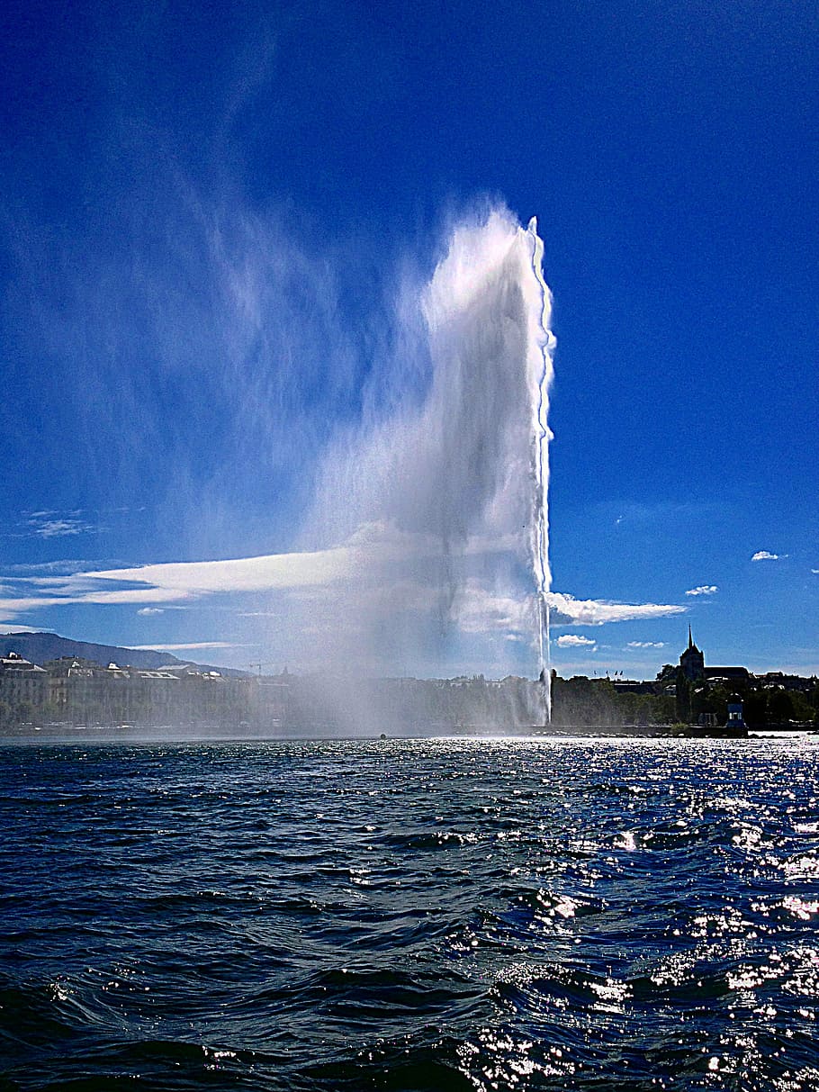 geneva, lake geneva, water, clouds, fountain, jet d'eau, sky, scenics - nature, beauty in nature, waterfront