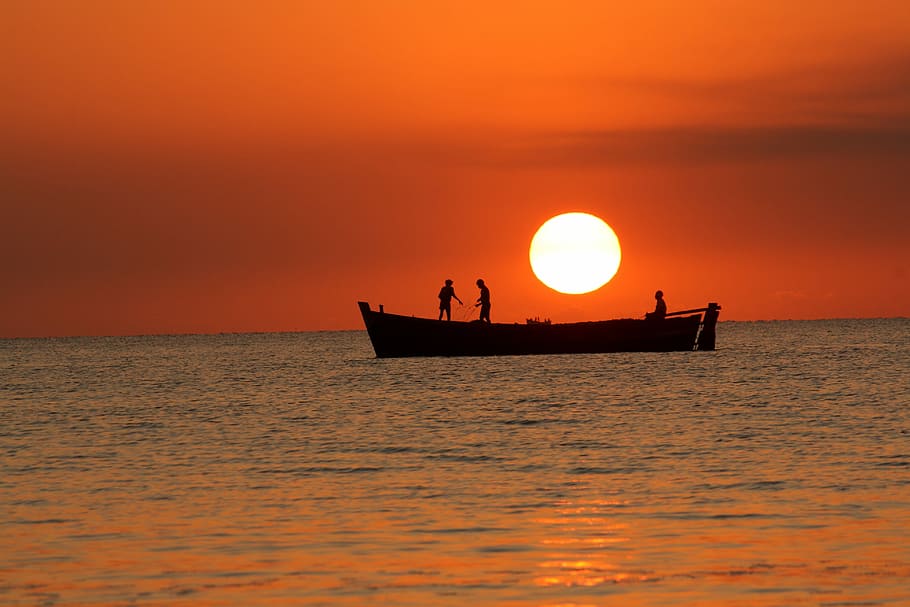 silhouette, persons, riding, row boat, sunset, sea, water, dawn, ocean, sun