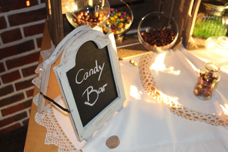 black, white, menu board, table, Candy-Bar, Wedding, Candy Bar, text, food and drink, day