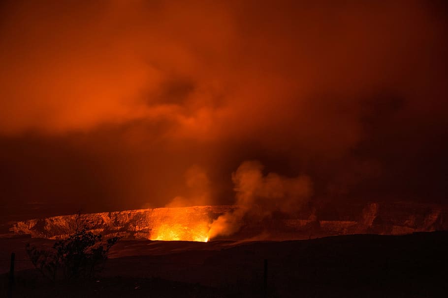 photography of volcano, volcano, lava, flowing, eruption, landscape, active, hot, geological, crater