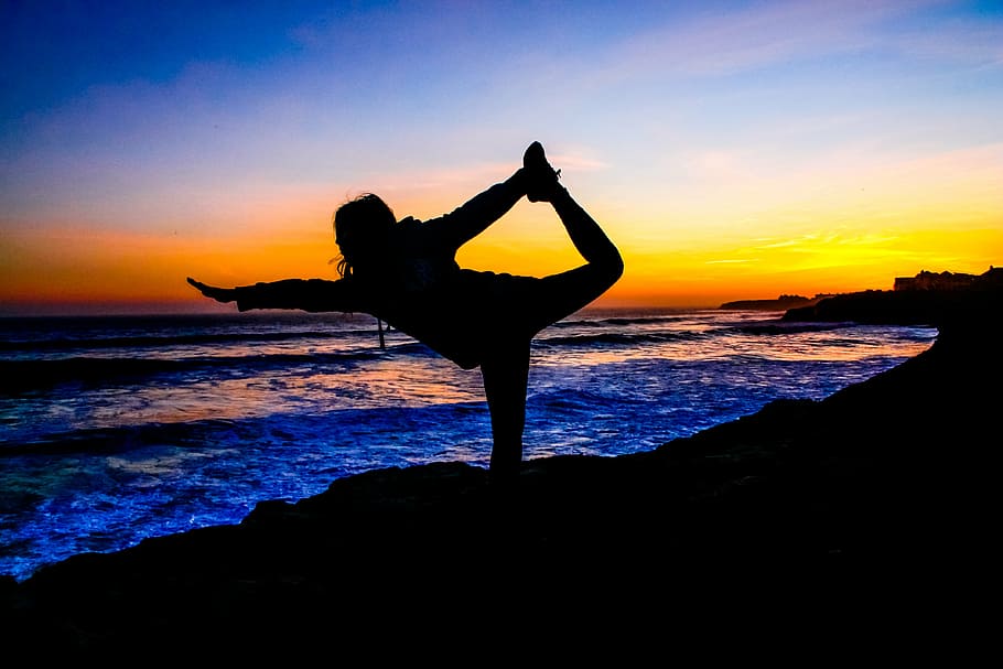 silhouette photo, woman, yoga, sunset, pacific, healthy, meditation, nature, relax, relaxation
