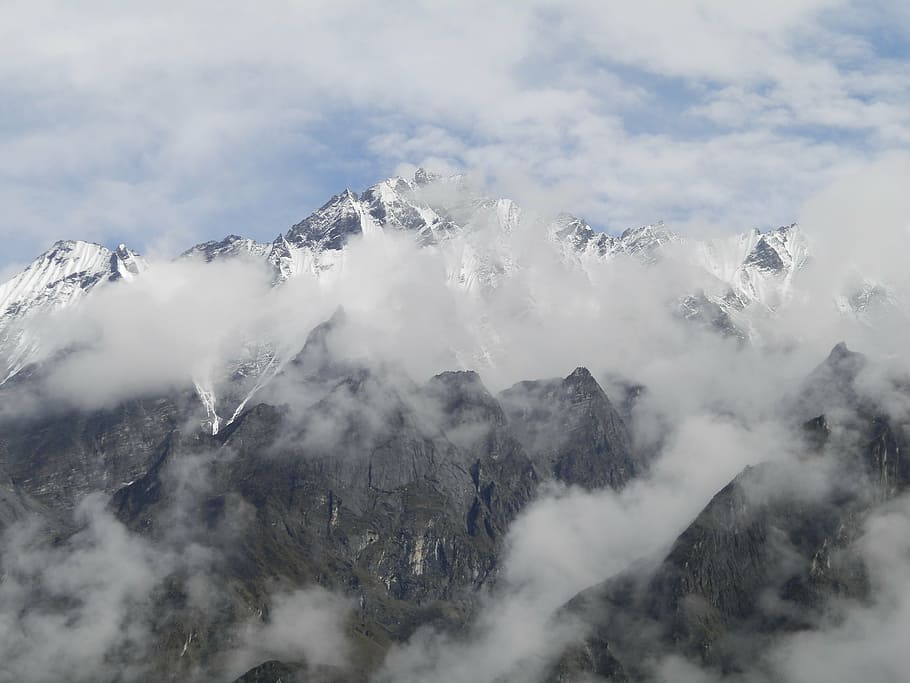 snow, capped, mountains, covered, fogs, himalayas, nepal, nature, clouds, mountain