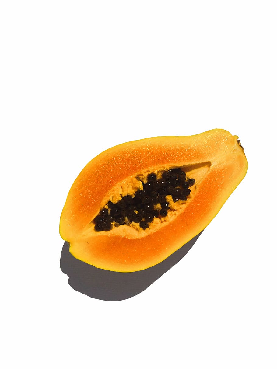 sliced, ripe, papaya fruit, fruit, papaya, cut in half, studio shot, food and drink, food, white background
