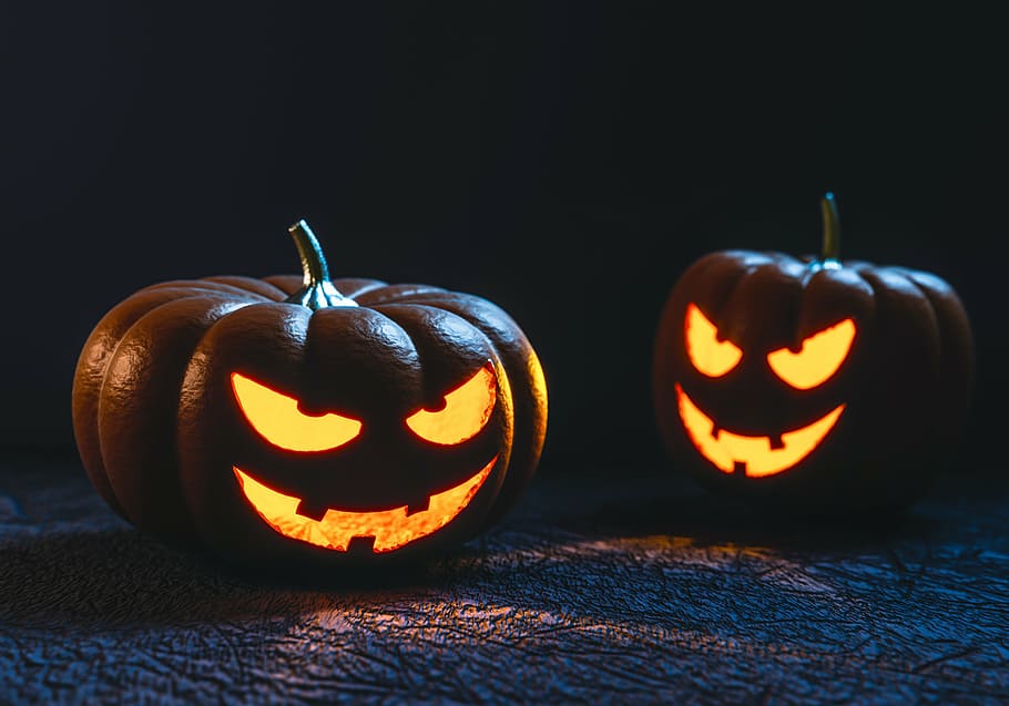 dua jack-o'-lanterns, halloween, labu, ukiran, wajah, menyeramkan, hantu, gelap, ketakutan, kegelapan