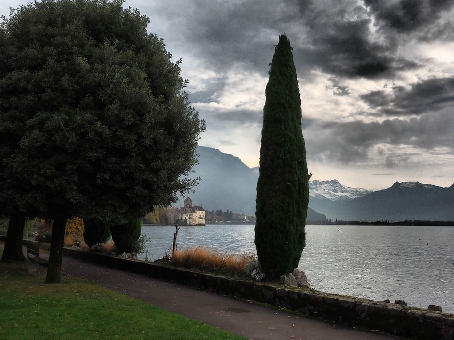 Lake Geneva, Montreux, Mood, Cloudy, cloudiness, cypress, chillon castle, chillon, castle, veytaux