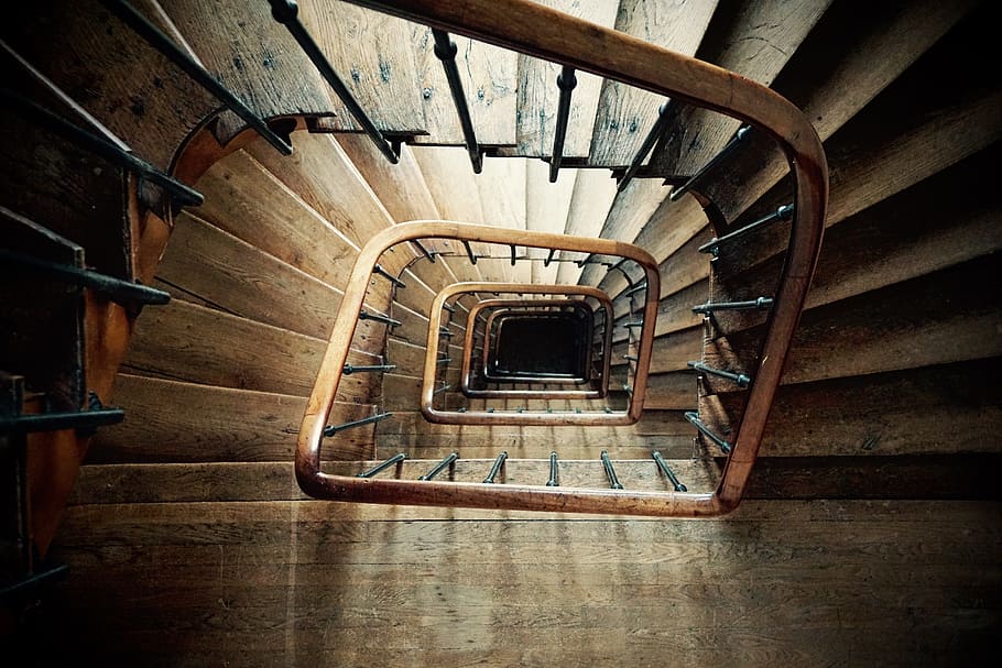 top, view, brown, spiral staircase, wood, deep, architecture, woods, building, tower