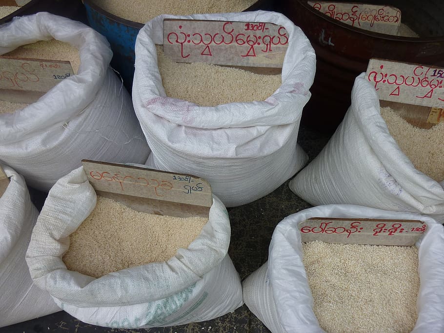 rice, bags, street, myanmar, food, agriculture, grain, sack, raw, asian