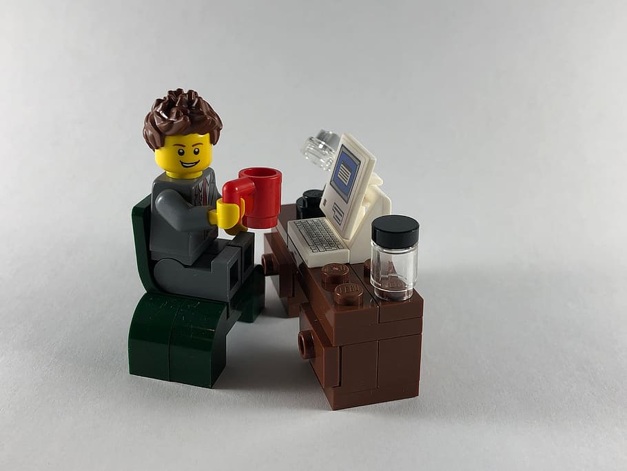 business man, coffee, work, computer, lego, investing, indoors, representation, toy, still life