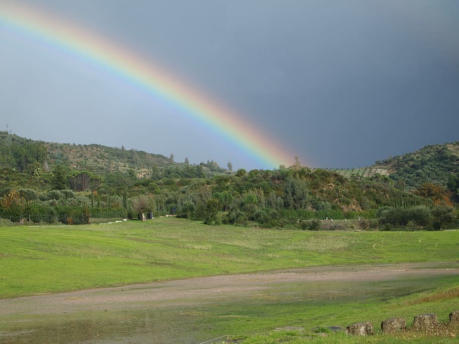 Rainbow, Olympia, Greece, Nature, olympia, greece, landscape, multi colored, double rainbow, field, spectrum