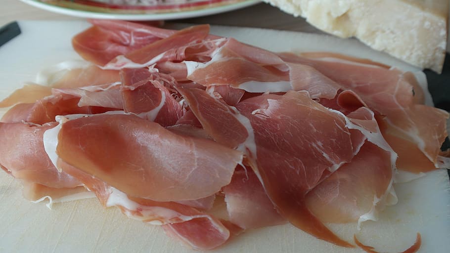 sliced, raw, meats, white, chopping, board, ham, parma ham, smoked, eat