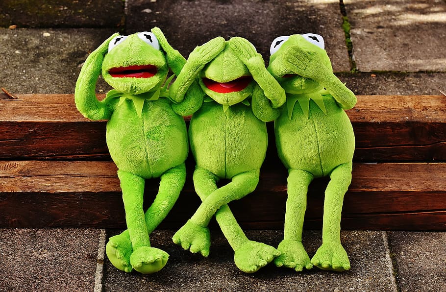 three, frog, plush, toys, not hear, not see, do not speak, funny, kermit, cute