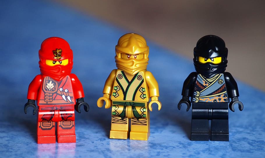 tres, rojo, dorado, negro, figuras de acción, Ninjago, Lego, Figuras, Juguetes, legomaennchen