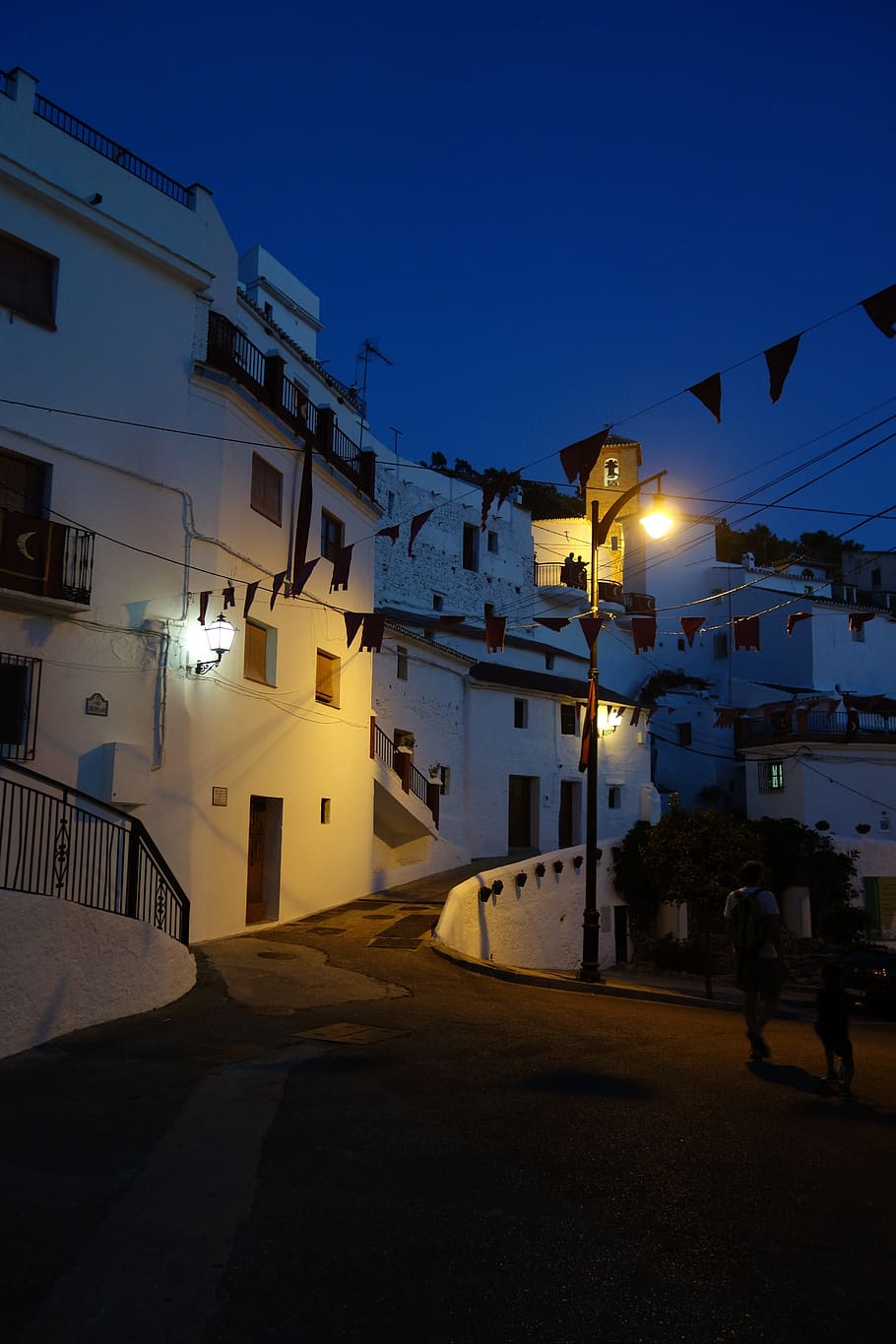 Night, Andalusia, Floor Lamp, blue, white, luminaire, lighting, village, houses, glow