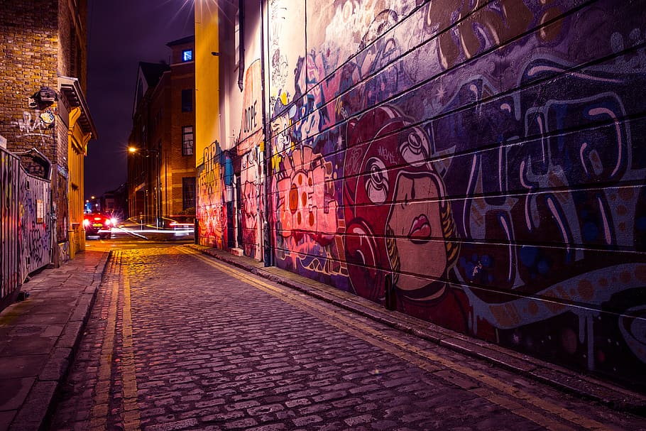 rua lateral da cidade, grafite, capturado, noite, cidade, rua lateral, à noite, urbano, rua arte, rua
