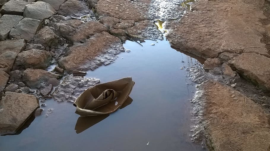 boat, paper, origami, puddle, water, reflection, rock, rock - object, solid, nature