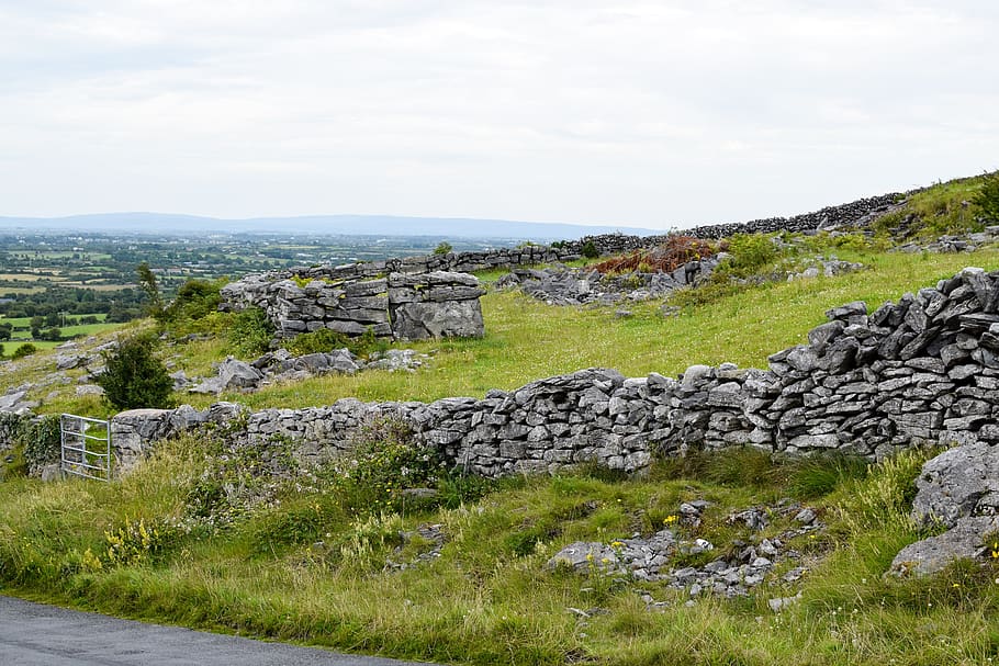 stone wall, wall, hage, ireland, sky, plant, nature, history, grass, day