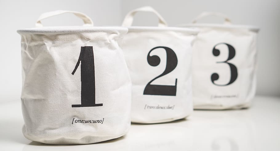 three, black-and-white, 1 2 3, printed, fabric bags, fabric, bags, numbers, 123, 1