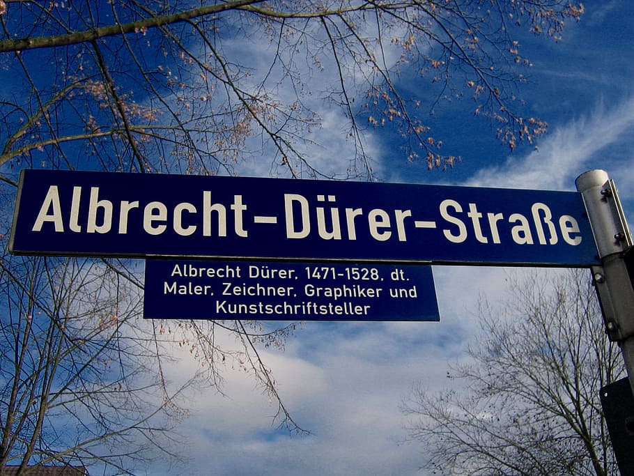 nama jalan, tanda jalan, perisai, jalan, albrecht dürer, pelukis, abad pertengahan, seniman, lukisan, teks