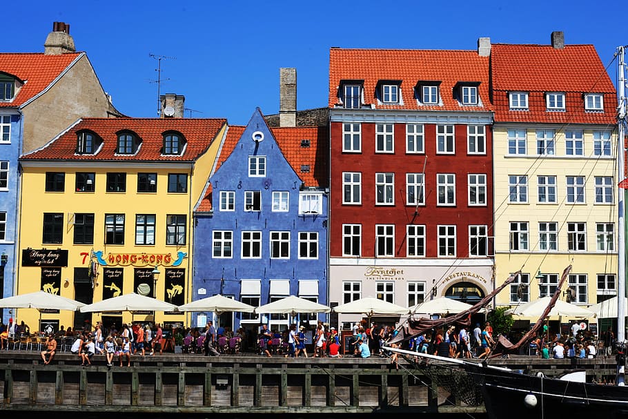 assorted-colored, concrete, building, blue, sky, copenhagen, kobenhavn, landscape, houses, colors