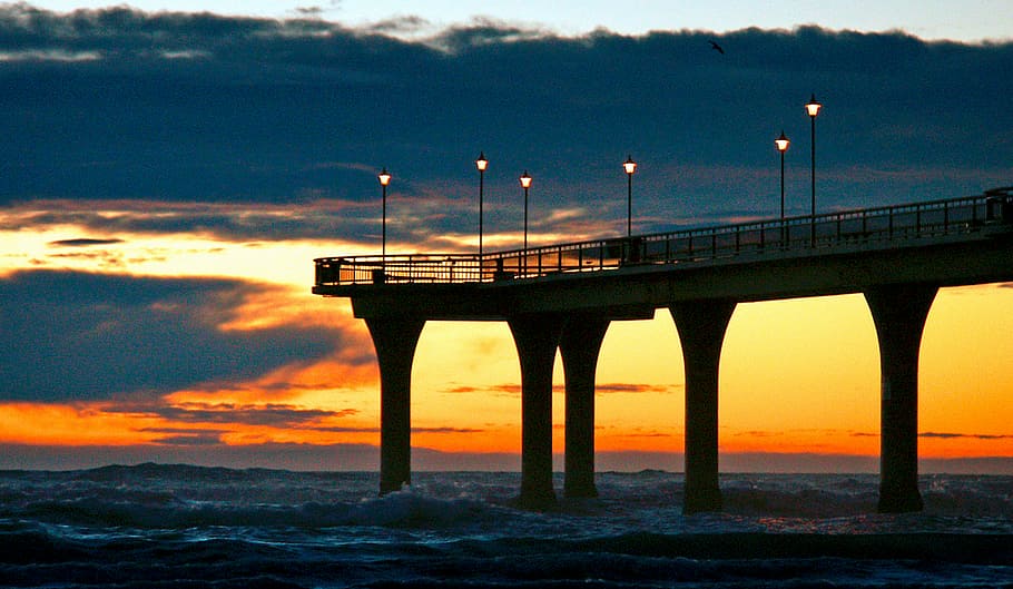 New Brighton, Brighton Pier, Christchurch, Nova Zelândia, concreto, ponte, visualização, mar, céu, Pôr do sol