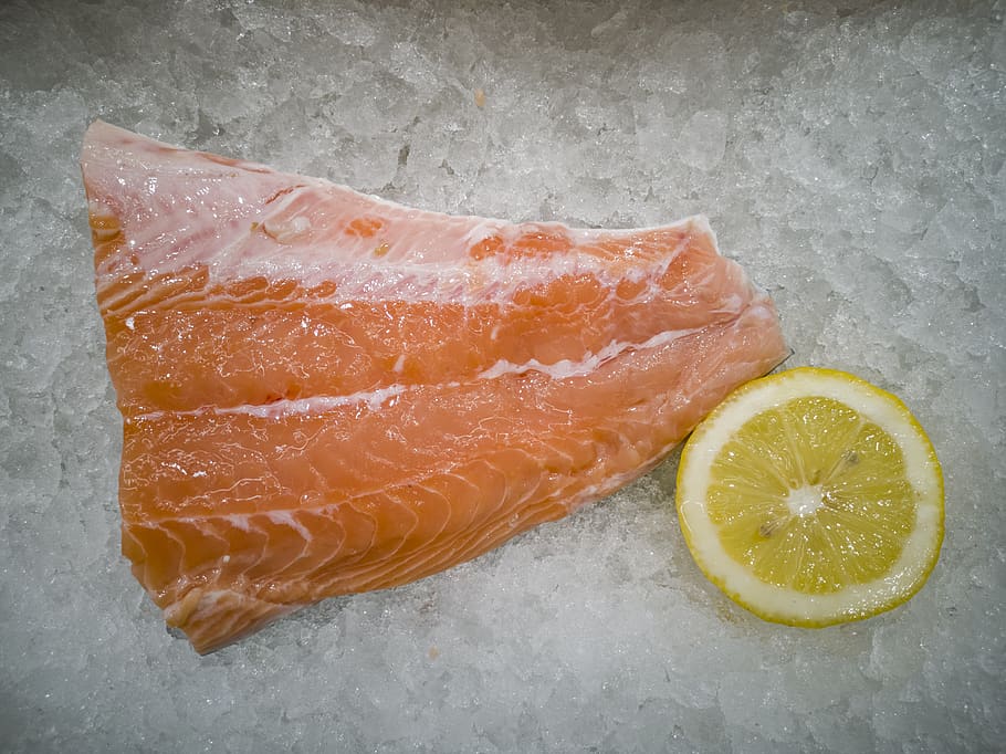 salmon, fish, vitamin, fresh, red, raw, cook, ice, market, food