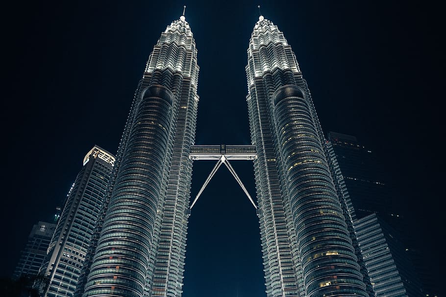 architecture, buildings, city, cityscape, downtown, landmark, low angle shot, perspective, petronas towers, skyline