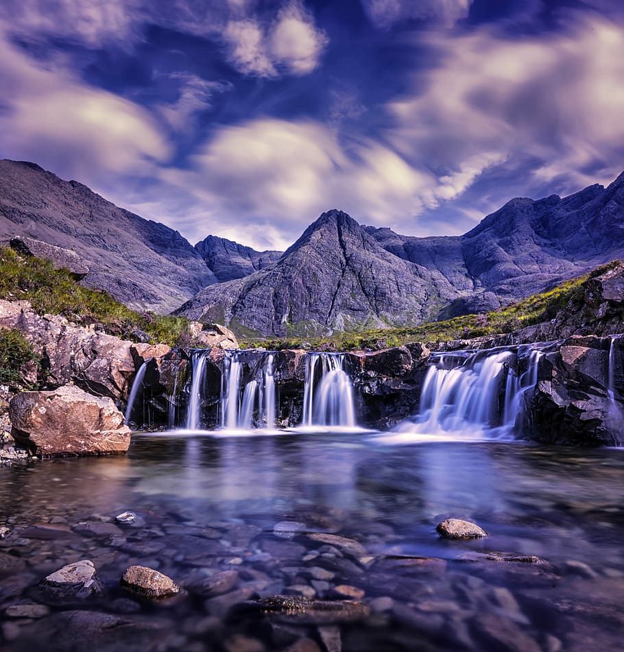 paisagem de cachoeiras, bela, cachoeiras, paisagem, skye, escócia, nuvens, domínio público, cênico, cachoeira