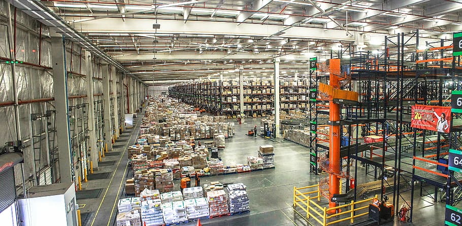 gray, steel shelving racks, distribution center, distribution, logistics, logistics platform, logistics building, barn, warehouse, factory