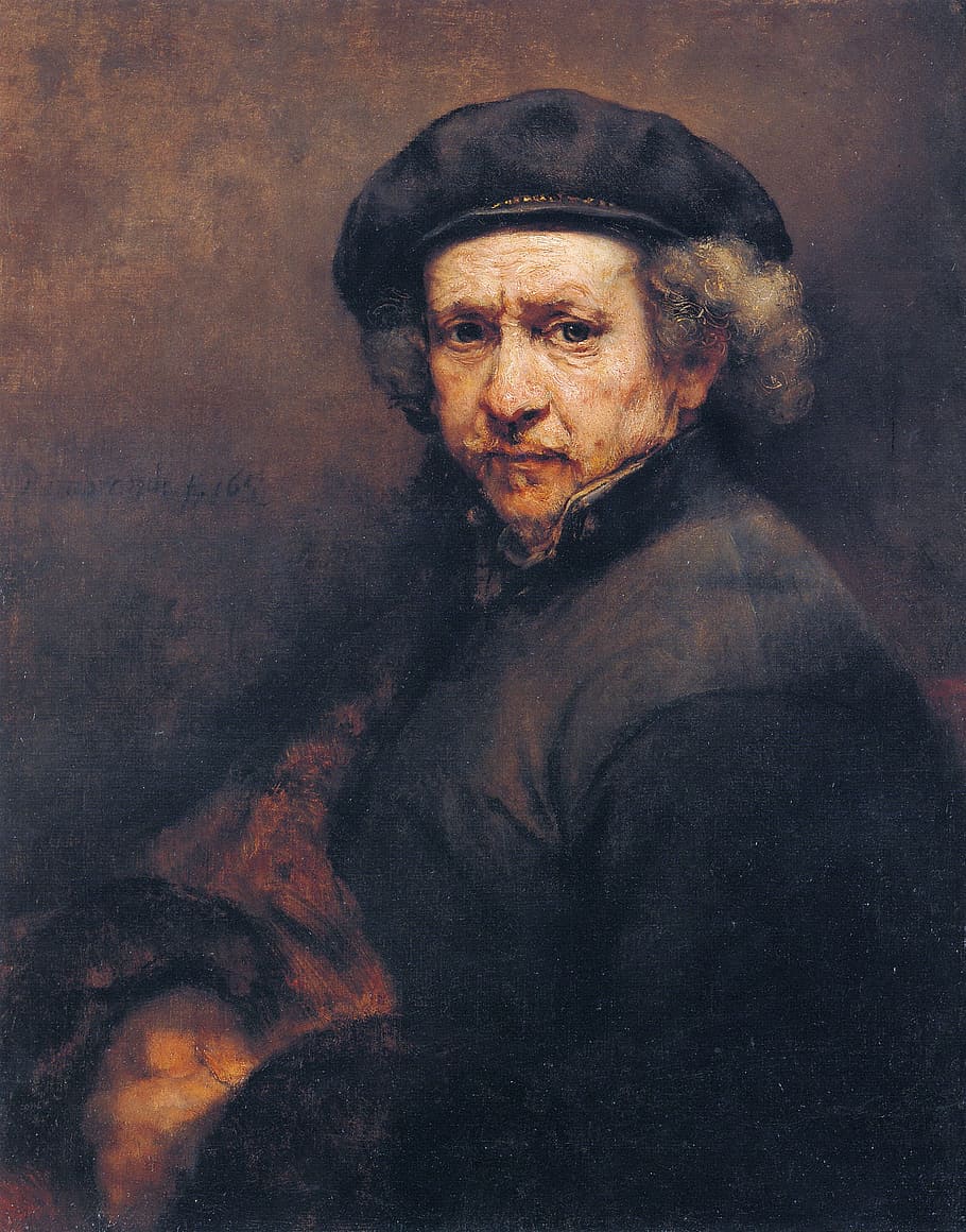 Rembrandt Harmenszoon Van Rijn, Painter, artists, self portrait, portrait, man, oil painting, painting, looking at camera, senior adult